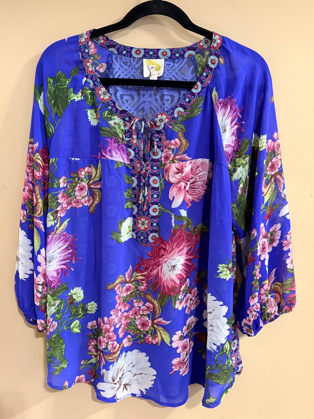 Fig & Flower by Anthropologie Periwinkle Blue Mixed Florals Peasant Blouse Large